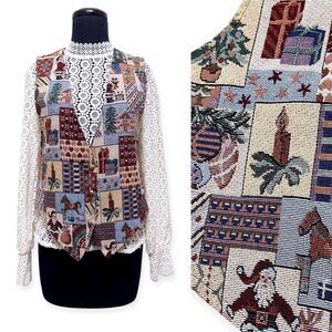 Vintage 90s Christmas Tapestry Vest Women's Medium USA Made Santa Patchwork